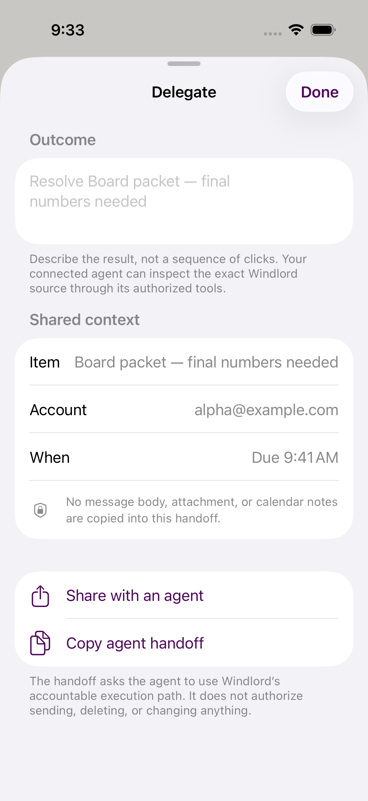 Windlord’s native delegation sheet showing a defined outcome, source account, timing, bounded shared context, and agent handoff actions.