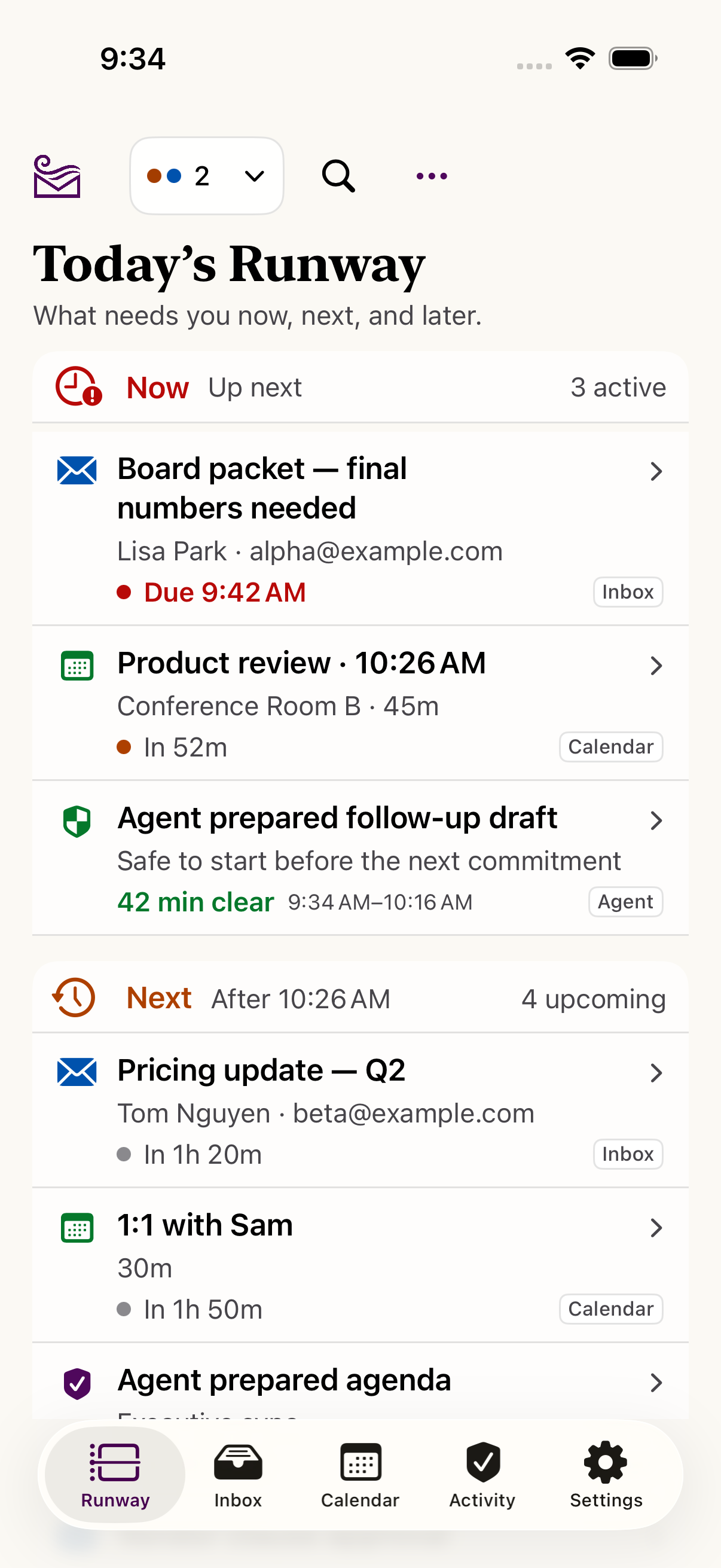 Windlord Today’s Runway ordering email, calendar, and accountable agent work by what needs attention now and next.